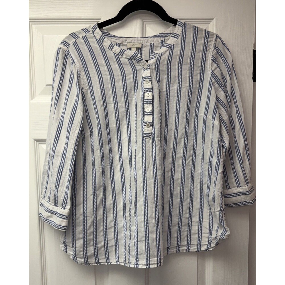 Talbots Blouse Womens Petite Lp Blue White Striped Sleeve Henley Cotton Top